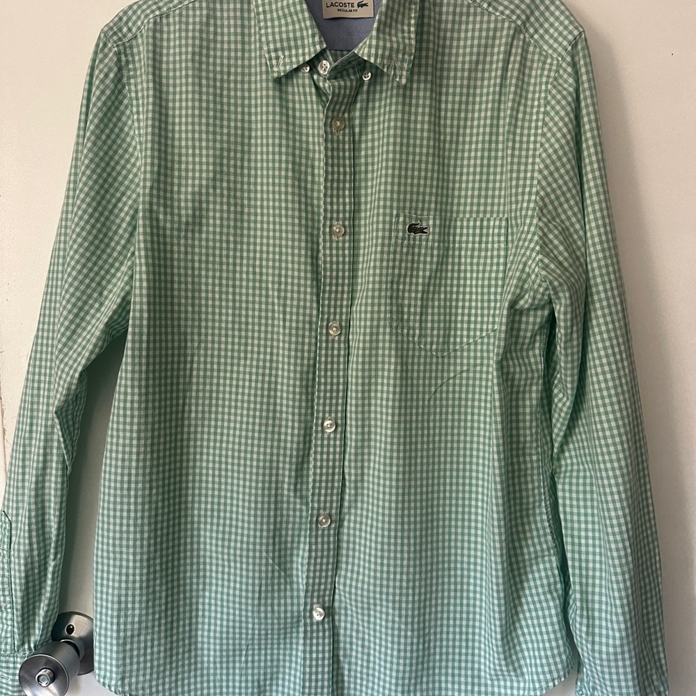Lacoste Men’s Gingham Button-Down Shirt Green/White Regular Fit Size M